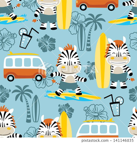Vector seamless pattern of beach holiday elements cartoon, funny zebra with surfboard Vector seamless pattern of beach holiday elements cartoon, funny zebra with surfboard 141146835