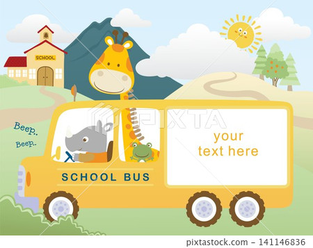 Vector cartoon of rhino driving school bus with giraffe and frog on rural scenery background with school building, text template for invitation card Vector cartoon of rhino driving school bus with giraffe and frog on rural scenery background with school building, text template for invitation card 141146836