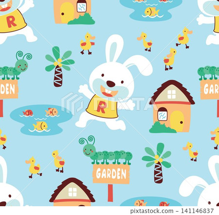 Seamless pattern vector of bunny cartoon with little friends, trees and house, pet elements cartoon 141146837
