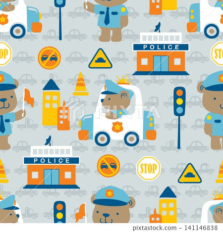 Vector seamless pattern of traffic elements cartoon with cute bear in police uniform on vehicles background Vector seamless pattern of traffic elements cartoon with cute bear in police uniform on vehicles background 141146838