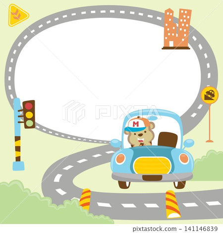 Vector of traffic elements cartoon with a monkey driving car, frame border text template Vector of traffic elements cartoon with a monkey driving car, frame border text template 141146839