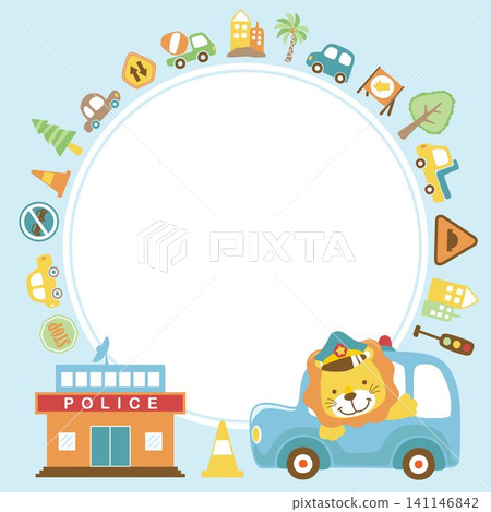 Funny lion cartoon driving car, text template banner with traffic elements Funny lion cartoon driving car, text template banner with traffic elements 141146842