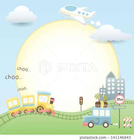 Vector cartoon of frame border text template with transportation elements Vector cartoon of frame border text template with transportation elements 141146843