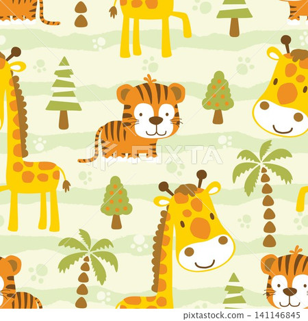 Seamless pattern vector of animals cartoon and trees, giraffe and tiger on animals trail background Seamless pattern vector of animals cartoon and trees, giraffe and tiger on animals trail background 141146845