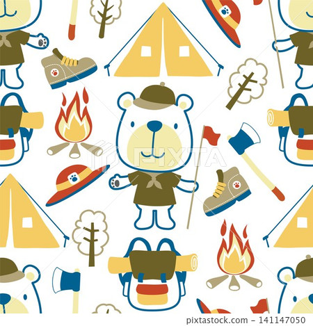 Seamless pattern vector of camping elements cartoon with cute bear in scout costume 141147050