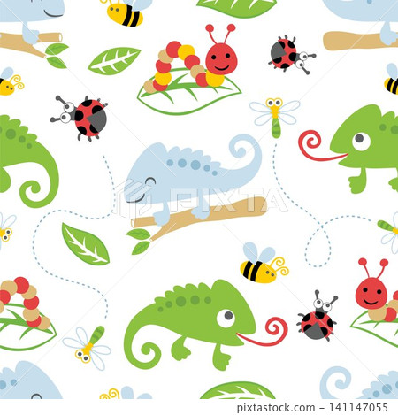 Seamless pattern vector of chameleon cartoon with bugs and leaves 141147055