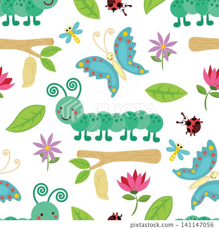 Seamless pattern vector of bugs cartoon, caterpillar, butterfly with flowers. 141147056