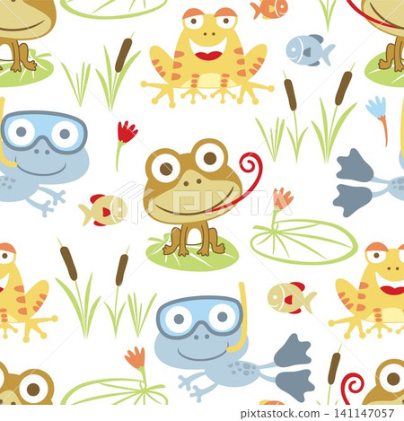 Seamless pattern vector of cartoon swamp animals with lotus 141147057