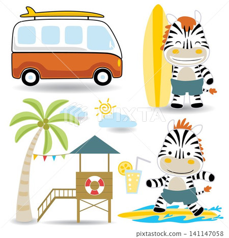 Vector cartoon of funny zebra surfing, summer beach vacation elements Vector cartoon of funny zebra surfing, summer beach vacation elements 141147058