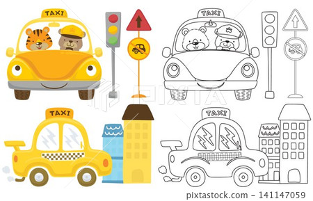 Vector set of cartoon city traffic element with cute bear and tiger on taxi, coloring book or page Vector set of cartoon city traffic element with cute bear and tiger on taxi, coloring book or page 141147059