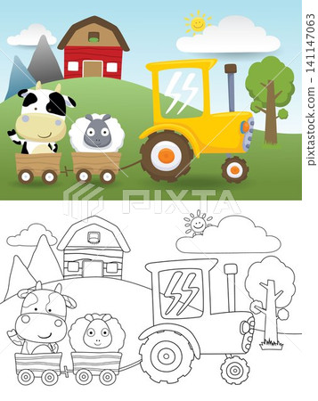 Vector illustration of farm animals cartoon on cart pulling by tractor, farm field elements cartoon, coloring book or page Vector illustration of farm animals cartoon on cart pulling by tractor, farm field elements cartoon, coloring book or page 141147063
