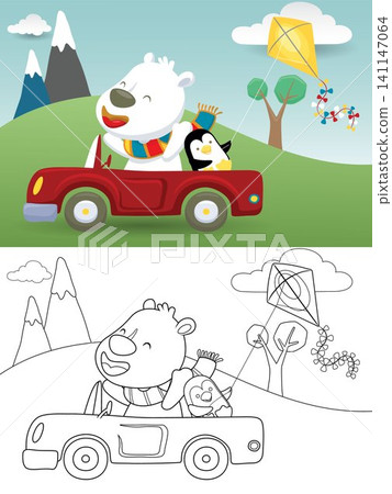 Vector illustration of funny polar bear on car with little penguin while playing kite on scene background. Coloring book or page Vector illustration of funny polar bear on car with little penguin while playing kite on scene background. Coloring book or page 141147064