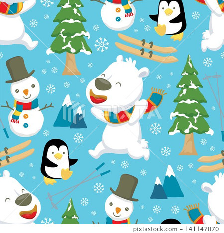 Seamless pattern vector of winter elements cartoon with polar bear and penguin Seamless pattern vector of winter elements cartoon with polar bear and penguin 141147070