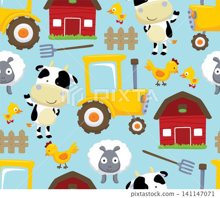 Seamless pattern vector of farm animals with farming elements cartoon Seamless pattern vector of farm animals with farming elements cartoon 141147071