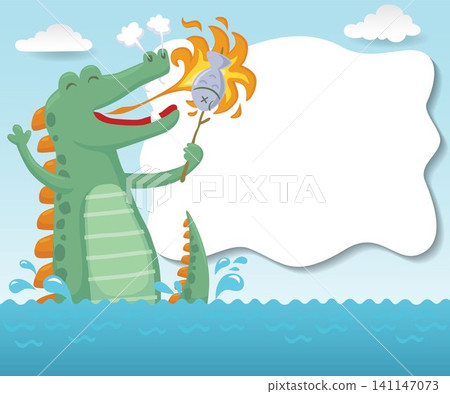 Vector illustration of cartoon sea monster grilling a fish with its own fire in the sea. Green monster with blank text template Vector illustration of cartoon sea monster grilling a fish with its own fire in the sea. Green monster with blank text template 141147073