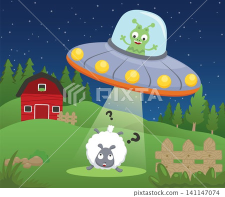 Vector illustration of cartoon alien in UFO kidnapped a sheep in farm field Vector illustration of cartoon alien in UFO kidnapped a sheep in farm field 141147074