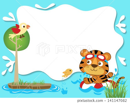 Vector cartoon of blank empty sign, tiger swimming using lifebuoy in river, bird on tree Vector cartoon of blank empty sign, tiger swimming using lifebuoy in river, bird on tree 141147082