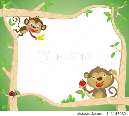Vector cartoon of blank empty background template, two monkeys with fruits and ladybug Vector cartoon of blank empty background template, two monkeys with fruits and ladybug 141147083