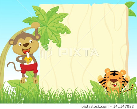 Vector illustration of wooden sign banner, cartoon monkey hanging on banana tree holding banana, tiger in bush Vector illustration of wooden sign banner, cartoon monkey hanging on banana tree holding banana, tiger in bush 141147088