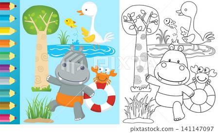 Vector cartoon of hippo carrying buoy with crab, bird crane hunt a fish, coloring book or page Vector cartoon of hippo carrying buoy with crab, bird crane hunt a fish, coloring book or page 141147097