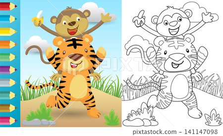 Vector cartoon of tiger carrying monkey on it shoulders, coloring book or page Vector cartoon of tiger carrying monkey on it shoulders, coloring book or page 141147098