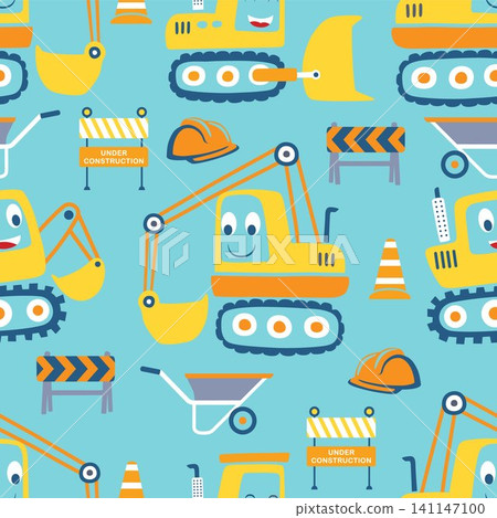 Vector seamless pattern of funny construction vehicles cartoon with construction signs, construction elements Vector seamless pattern of funny construction vehicles cartoon with construction signs, construction elements 141147100