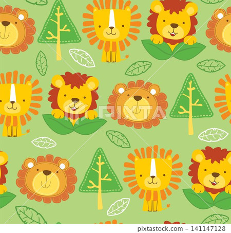 Seamless pattern vector of funny lion cartoon with leaves and trees Seamless pattern vector of funny lion cartoon with leaves and trees 141147128