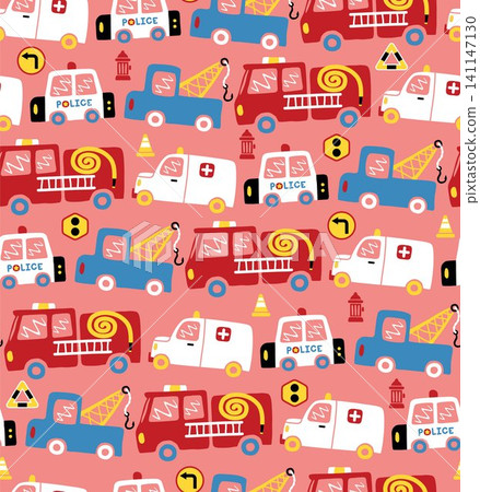 Seamless pattern vector of emergency vehicles cartoon with traffic elements Seamless pattern vector of emergency vehicles cartoon with traffic elements 141147130