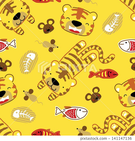 Seamless pattern vector of cat and mouse with fish, pets element cartoon Seamless pattern vector of cat and mouse with fish, pets element cartoon 141147136