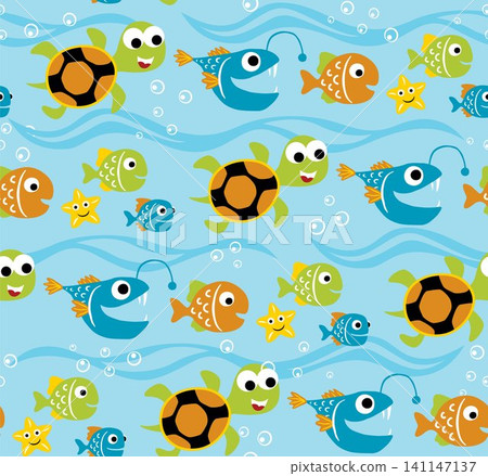 Seamless pattern vector of marine animals cartoon. Turtle and fishes swimming under blue sea Seamless pattern vector of marine animals cartoon. Turtle and fishes swimming under blue sea 141147137