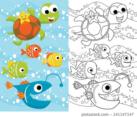 Vector cartoon of funny marine animals. Coloring book or page for kids 141147147