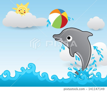 Vector cartoon of funny dolphin playing colorful ball in the sea at summer time Vector cartoon of funny dolphin playing colorful ball in the sea at summer time 141147149