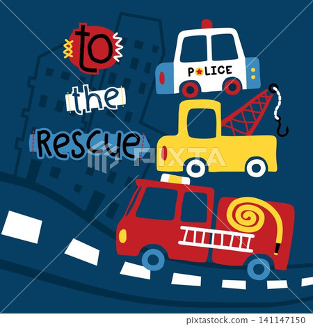 Vector cartoon of pile of emergency vehicles cartoon in the road on buildings background Vector cartoon of pile of emergency vehicles cartoon in the road on buildings background 141147150