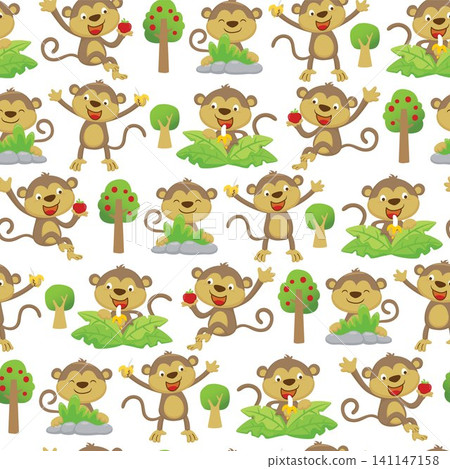 Seamless pattern vector illustration, group of funny monkey cartoon in different activity with fruits and trees Seamless pattern vector illustration, group of funny monkey cartoon in different activity with fruits and trees 141147158