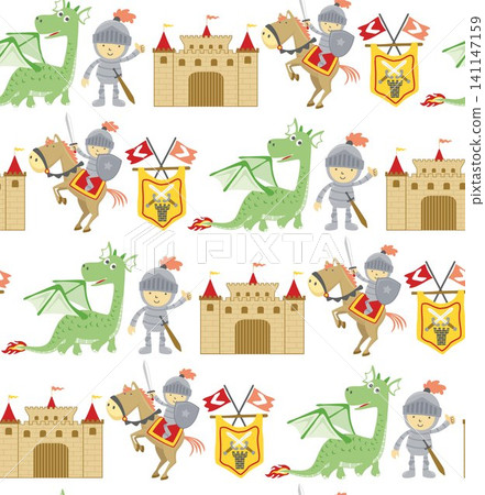 Seamless pattern vector of fairy tale elements cartoon with dragon, knight, horse and castle Seamless pattern vector of fairy tale elements cartoon with dragon, knight, horse and castle 141147159