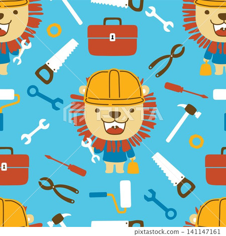 Seamless pattern vector of funny lion in builder costume with worker tools. Seamless pattern vector of funny lion in builder costume with worker tools. 141147161