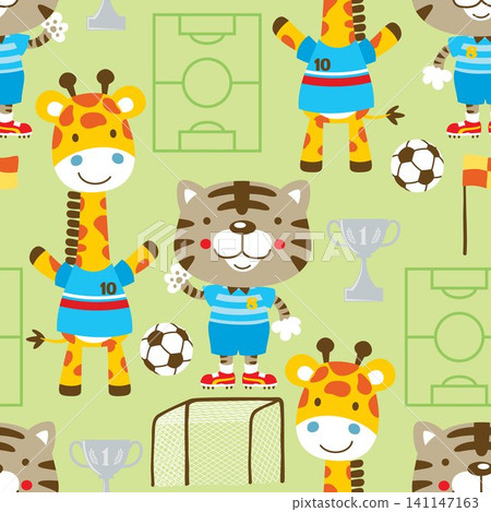 Seamless pattern vector of soccer elements. Tiger and giraffe in soccer player uniforms Seamless pattern vector of soccer elements. Tiger and giraffe in soccer player uniforms 141147163