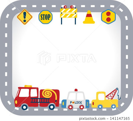 Vector cartoon of emergency vehicles with road signs, empty frame border text template 141147165