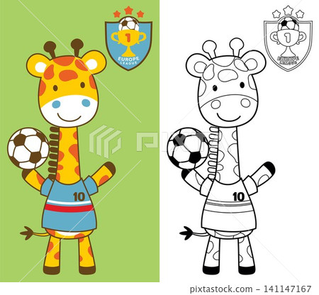Vector cartoon of giraffe in soccer player costume holding soccer ball with soccer logo team, coloring book or page 141147167