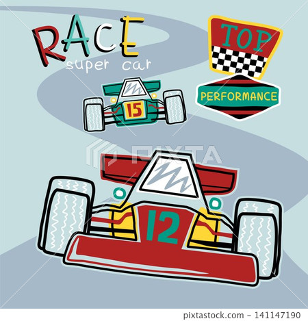 Vector cartoon of racing car on the race track with racing symbol Vector cartoon of racing car on the race track with racing symbol 141147190