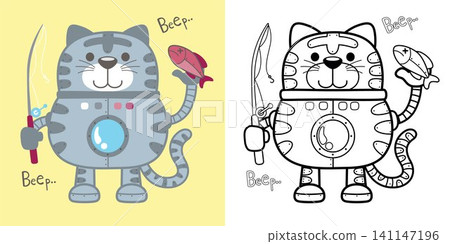 Vector cartoon illustration of funny cat robot standing holding fishing tackle and fish. Coloring book or page 141147196
