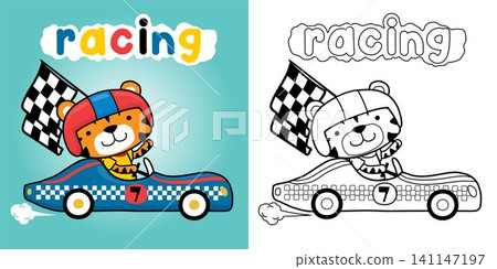 Cute tiger wearing helmet on racing car carrying checkered flag. Coloring book or page Cute tiger wearing helmet on racing car carrying checkered flag. Coloring book or page 141147197