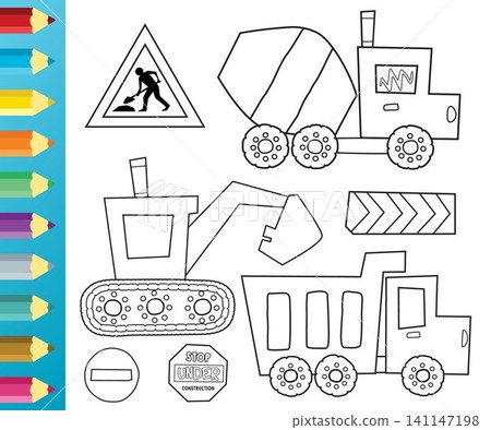 Set cartoon of construction vehicles and construction signs. Coloring book or page Set cartoon of construction vehicles and construction signs. Coloring book or page 141147198