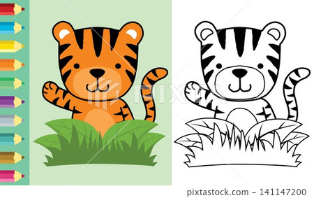 Vector illustration of cute tiger appearing from bush while raising hand. Coloring book or page Vector illustration of cute tiger appearing from bush while raising hand. Coloring book or page 141147200