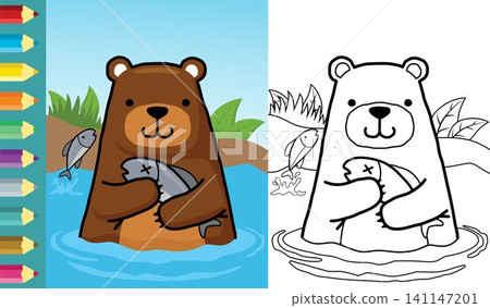 Vector illustration of cartoon bear catching fish in river. Coloring book or page Vector illustration of cartoon bear catching fish in river. Coloring book or page 141147201