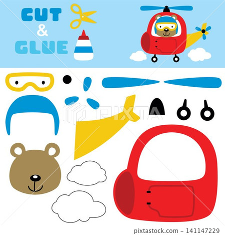 Funny bear on helicopter. Education paper game for children. Cutout and gluing. Vector cartoon illustration Funny bear on helicopter. Education paper game for children. Cutout and gluing. Vector cartoon illustration 141147229