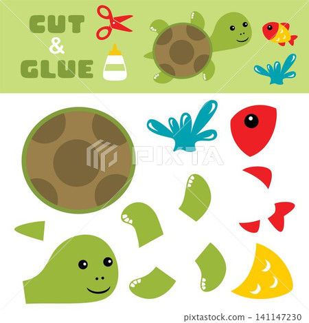 Cute turtle with fish jump from water. Education paper game for children. Cutout and gluing. Vector cartoon illustration Cute turtle with fish jump from water. Education paper game for children. Cutout and gluing. Vector cartoon illustration 141147230