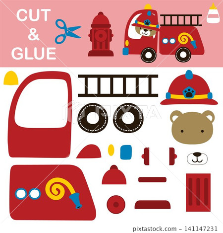 Cute bear driving firetruck with fire hydrant. Education paper game for children. Cutout and gluing. Vector cartoon illustration Cute bear driving firetruck with fire hydrant. Education paper game for children. Cutout and gluing. Vector cartoon illustration 141147231