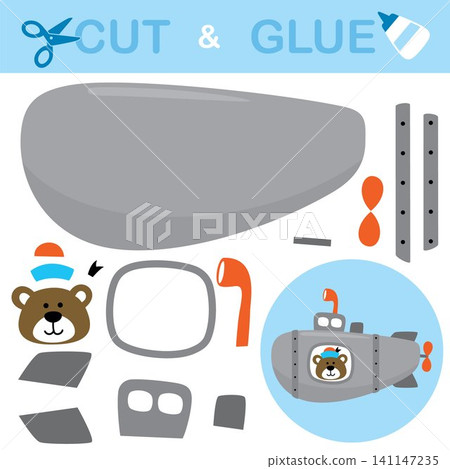 Sailor bear on submarine. Education paper game for children. Cutout and gluing. Vector cartoon illustration Sailor bear on submarine. Education paper game for children. Cutout and gluing. Vector cartoon illustration 141147235