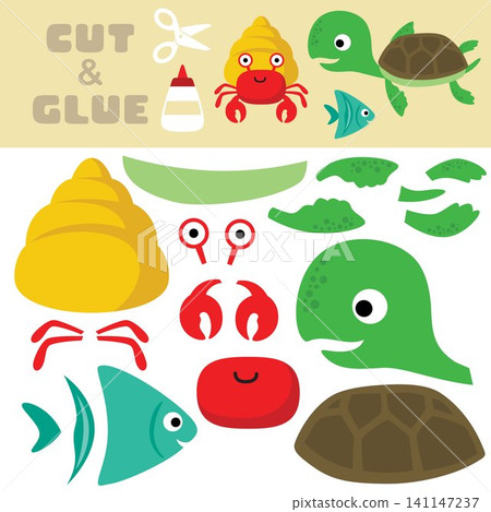 Marine animals cartoon, hermit crab, fish and turtle. Education paper game for children. Cutout and gluing. Vector cartoon illustration Marine animals cartoon, hermit crab, fish and turtle. Education paper game for children. Cutout and gluing. Vector cartoon illustration 141147237